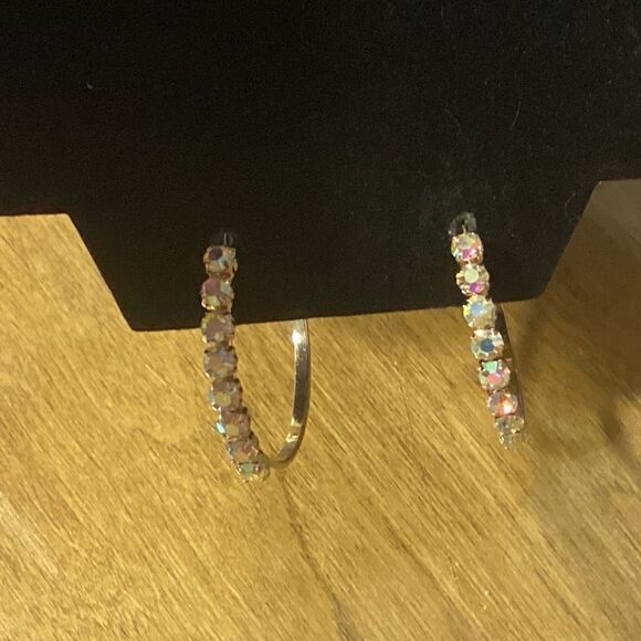 Gorgeous AB Crystal Hoops Gold Tone Pierced Earrings - Picture 4 of 8